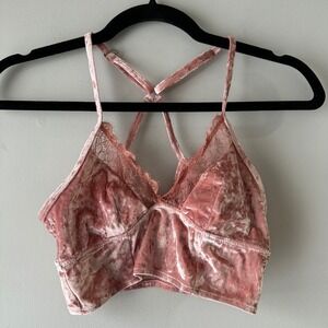 Aerie Pink Velvet Lace Trim Bralette Crop Top XS Criss Cross Straps